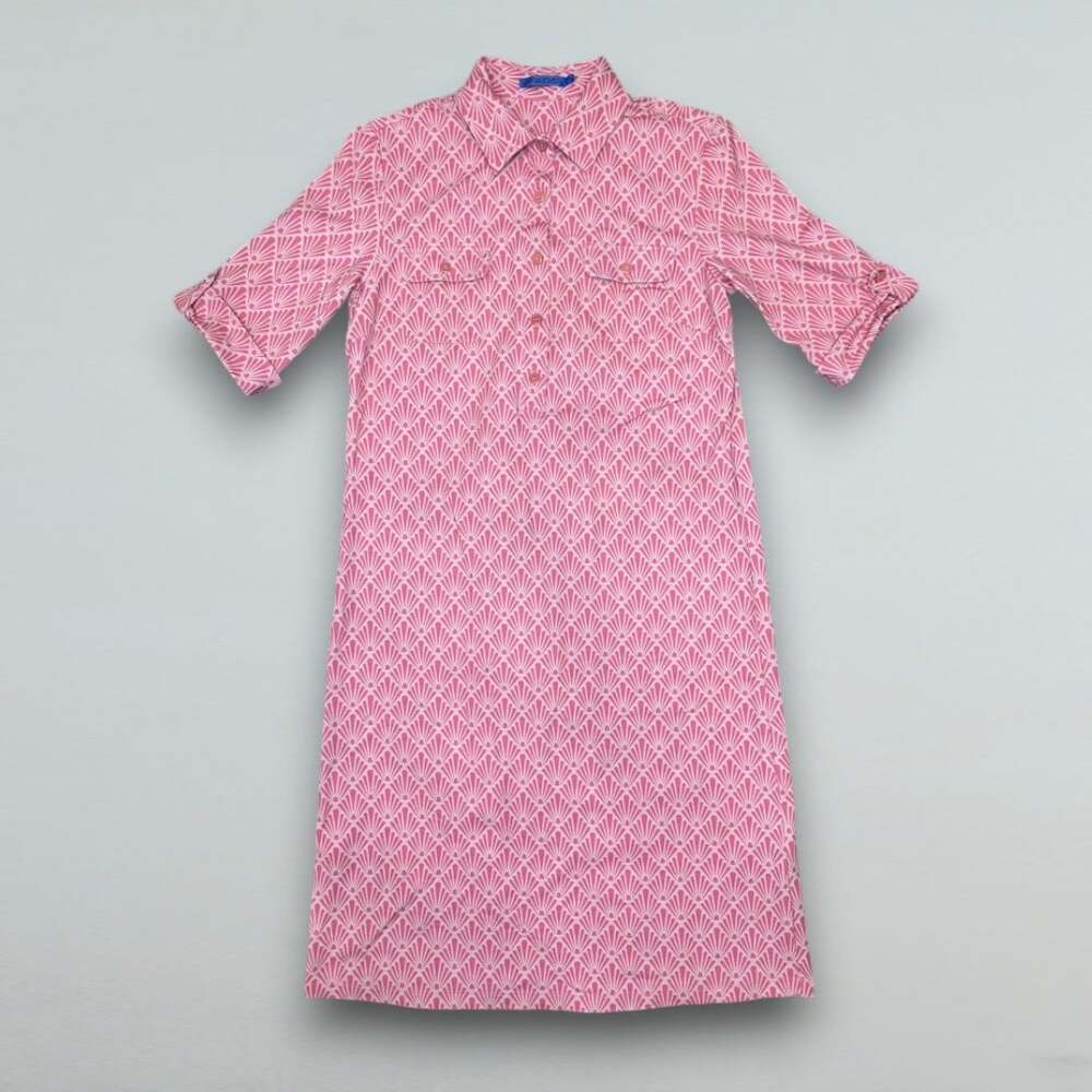 Pink Geometric Shirt Dress Stretch Chest Pockets Collared XS
